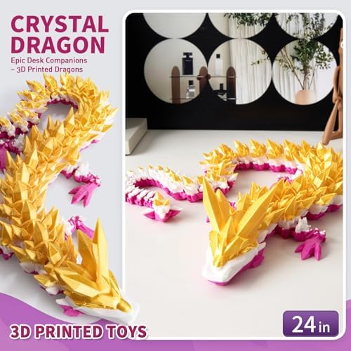 Large 3D Printed Dragon,24 Inch 3D Dragon Toys,Bigger Fidget Crystal Animals Toys, 3D Printed Articulated Animals for Home Office Car Desk Decor (Gold White Purple, 24 inch)