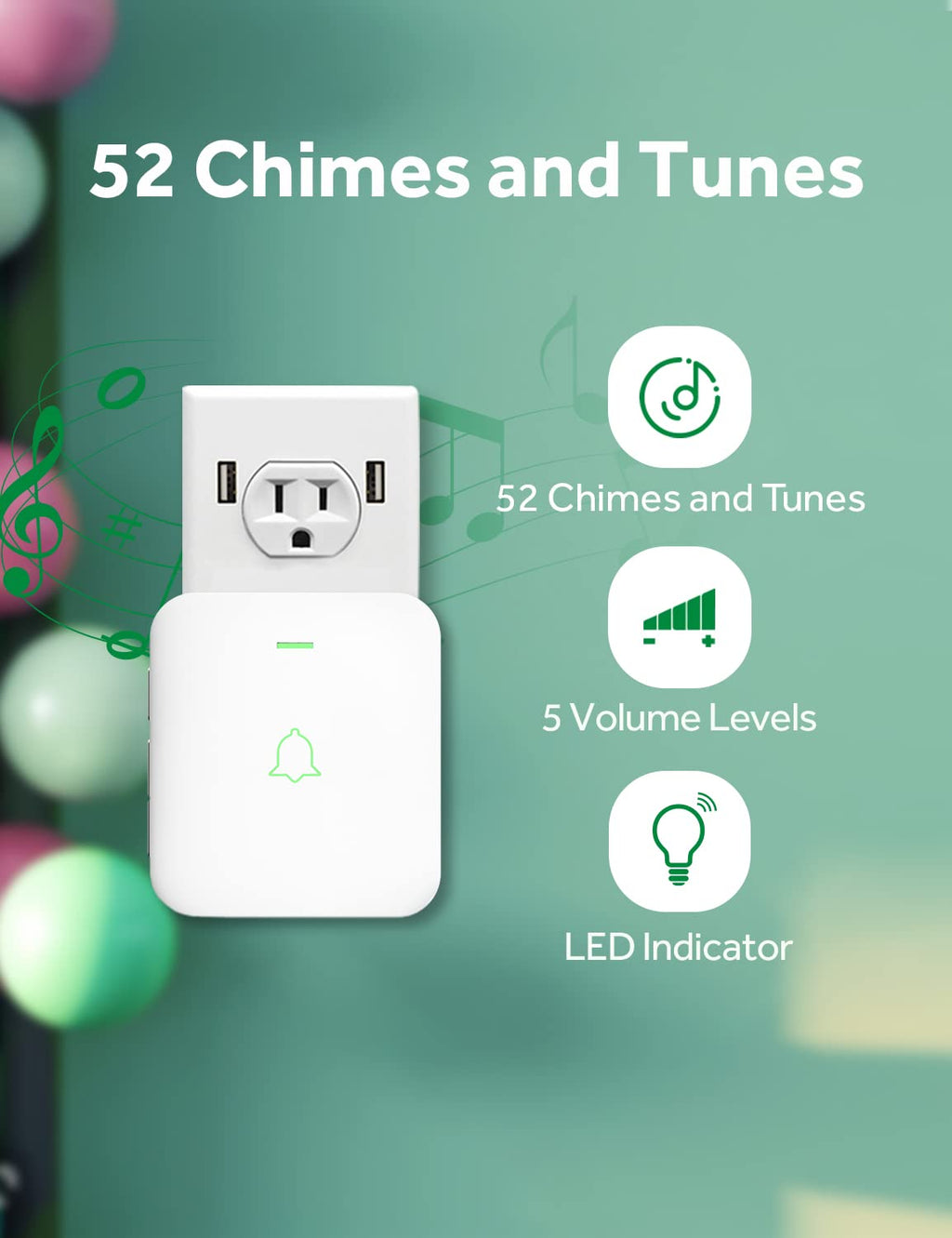 AVANTEK Wireless Doorbell, Mini Waterproof Door Bell Chime Operating at 1000 Feet, CW-11 Doorbell with 52 Melodies, 5 Volume Levels & LED Flash