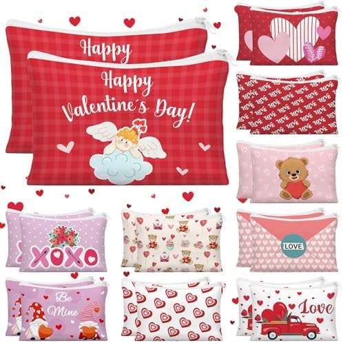 Kacctyen 20 Pack Valentine's Day Gift Makeup Bags for Women Bulk Pink Red Conversation Heart Makeup Bags 10 Style Galentines Favors Zipper Pouch Valentine Gifts for Coworkers Girlfriend Friends Wife