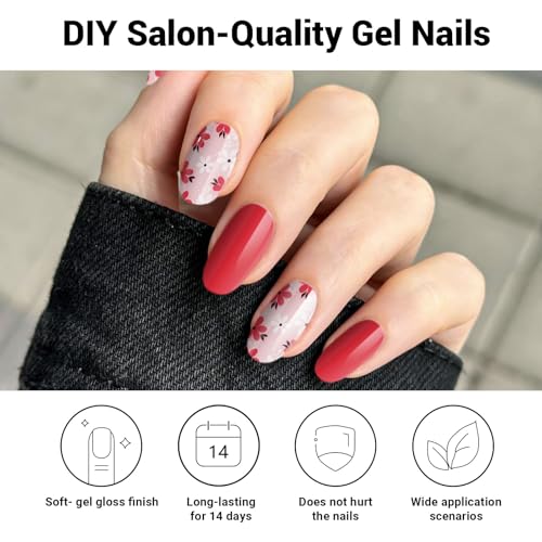 Semi Cured Gel Nail Strips, 28pcs Real Nail Polish Art Stickers/Wraps, Includes Prep Pads, Nail File & Wood Stick, Sticker Nails for Women Girls Kids DIY Gifts（Red