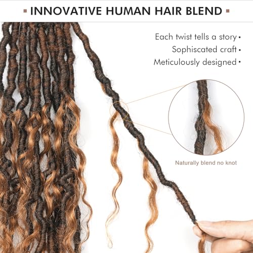 ToyoTress Boho Croceht Locs With Human Hair Curls - 16 Inch 8 Packs Ombre Brown Handmade Pre-Looped Crochet Braids For Black Women Human Hair, Butterfly Faux Locs (16 Inch, T30-8P)