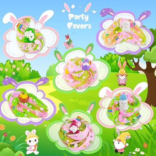 LAWOHO 6 Packs Bunny Pink Slime Kit -Cloud Clear Butter Slimes with Easter Charms & Add-ins, Soft Fluffy Slimes Kits for Girls & Boys, 360ml Pink & Green Easter Slime Making Kit Party Favor for Kids