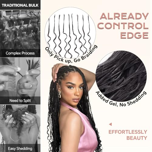 Pre-Divided Deep Wave Human Braiding Hair for Boho Braids Bulk Hair Pre-streached Human Braiding Hair Deep Wave For Black Women (Natural Black, 18 Inch - 80 Roots)