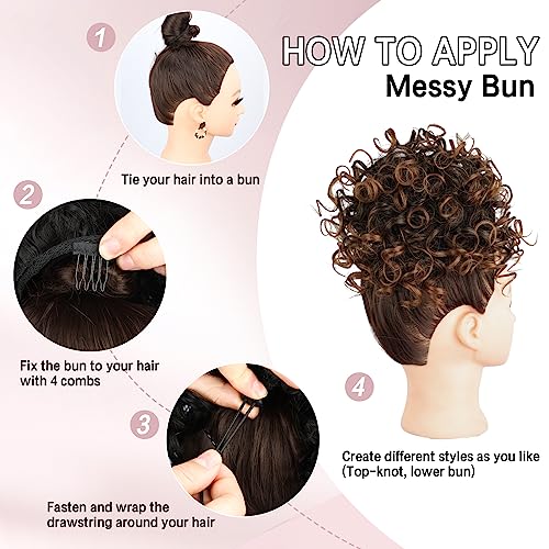 Lommel Messy Bun Hair Piece Short Curly Ponytail Extension Elastic Drawstring Loose Wave Curly Hair Buns Hair Piece Synthetic Hair Extensions Hair Bun for Women Daily Use(Black to Auburn Brown)