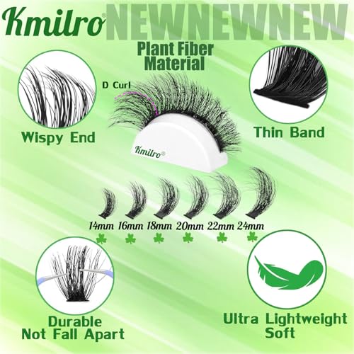 Kmilro Thick Lash Clusters Kit 14-24mm Long 240D Fluffy Cluster Eyelash Extensions Waterproof D Curl Volume Individual Lashes Kit with Bond and Seal Lash Tweezers 192Pcs Wispy DIY Eyelash Extension