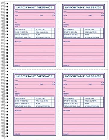 Adams Phone Message Book, 8.06 x 11 Inch, Spiral Bound, 2-Part, Carbonless, 4 Messages per Page, 400 Sets, White and Canary (S1187D)