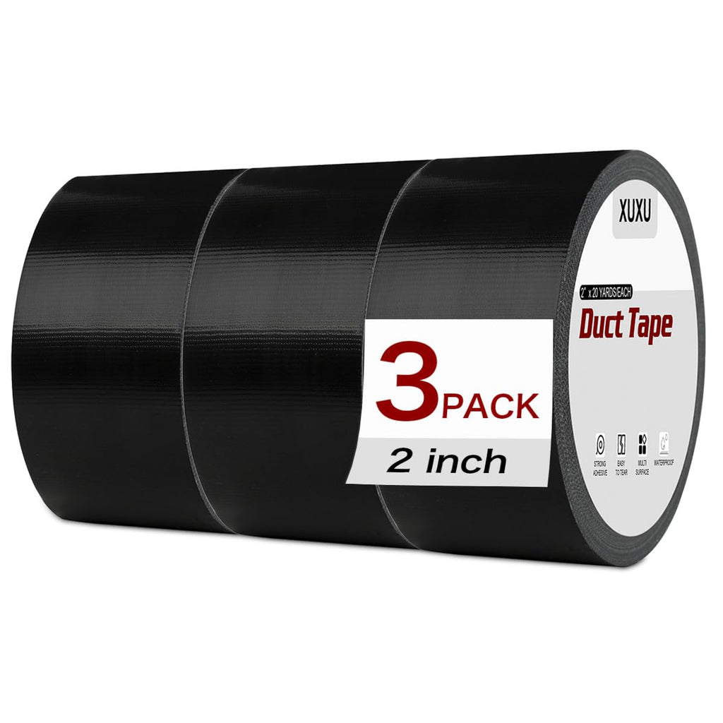 XUXU 3Pack Black Duct Tape Heavy Duty Waterproof 60 Yards x 2 Inch Total