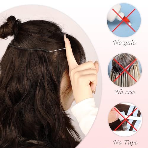 MORICA Halo Hair Extensions 20 Inch Medium Brown Invisible Wire Hair Extensions,Long Wavy Synthetic Hairpiece with Transparent Wire Adjustable Size, 4 Secure Clips for Women