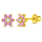 Gold Plated Pink and Clear Cubic Zirconia Flower Safety Screw Back Earrings for Babies and Toddlers 5mm - Delicate and Sparkling Pink Flower Earrings for Little Girls - Lovely Floral Studs