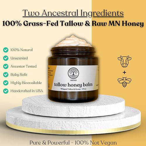 Beef Tallow for Skin | 100% Grass-Fed Tallow & Raw MN Honey | 2 Ingredients | Whipped & UNSCENTED | Whole Body & Face Balm for Sensitive, Dry Skin, Eczema, Psoriasis, Rosacea (4oz)