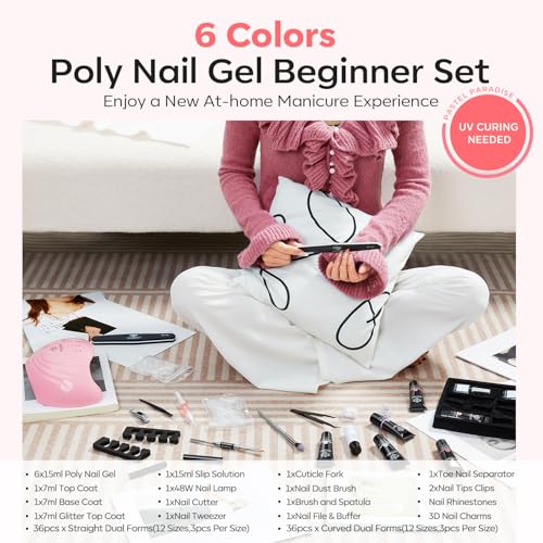 Modelones Poly Extension Gel Nail Kit, 6 Colors Pink Nude with 48W Nail Lamp Slip Solution 3D Bow Nail Charms Decoration Rhinestone Glitter Kit for Nail Manicure Beginner Starter Kit DIY at Home