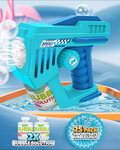 Bubble Gun 2 Packs for Kids, Automatic Bubble Machine with 2 Bottles &25 Bags Refill Solution, Bubble Maker Gifts for Kids, Outdoor Game Toys for Boys&Girls Ages 3+ (Blue&Green(10-Hole))