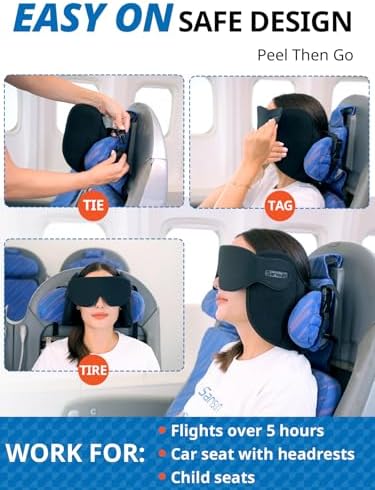Upgraded Travel Pillow, U-Shaped Airplane Head Strap for All Heights, 360° Support, 3D Sleep Mask, 100% Light Blocking, Long Flights Essentials Headrest, Stop Bobblehead, Red