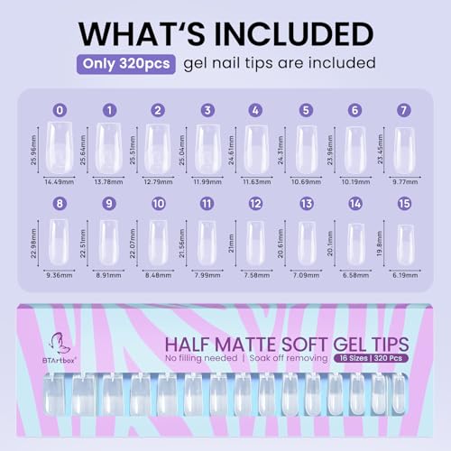 BTArtbox Square Gel Nail Tips - 320pcs Press on Nails Medium, Pre-shape Half Matte Clear False Tips, Full Cover Acrylic Fake Nails For Nail Extension, Home DIY Nail Salon 16 Sizes