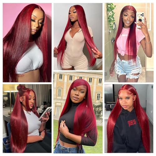 32 Inch 99J Burgundy Lace Front Wigs Human Hair 200% Density 13x6 Straight Lace Front Wigs Human Hair Pre Plucked Red Lace Frontal Wig for Women Glueless Human Hair Wig with Baby Hair Natural Hairline