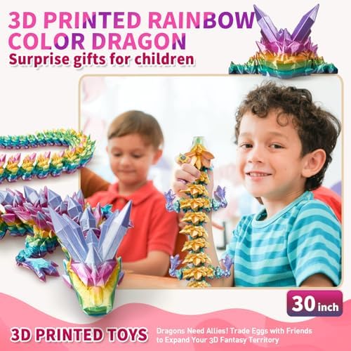 Large 3D Printed Dragon,30 Inch 3D Dragon Toys,Bigger Fidget Crystal Animals Toys, 3D Printed Articulated Animals for Home Office Car Desk Decor（Rainbow