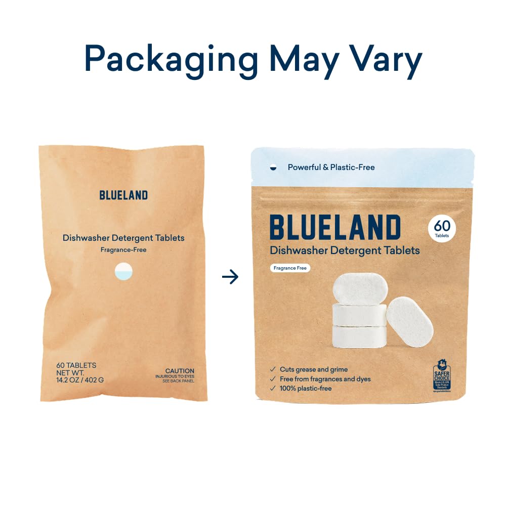BLUELAND 100% Plastic-Free Dishwasher Detergent Tablets, 60 Count, Unscented Eco Friendly Dishwashing Pods, Natural, Sustainable