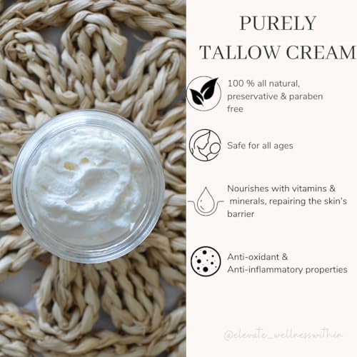 Purely Tallow Cream- Pasture-fed Beef Tallow- Moisturizer/Body Butter- Herbal Infused with Lavender & Chamomile (Unscented)- Dry Skin, Eczema, Psorasis, Infant-Safe -Organic (2 oz)