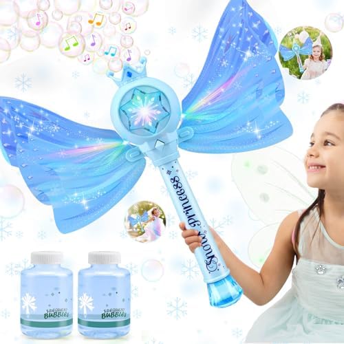 Bubble Wands for Kids Girls - LED Light & Music Bubble Machine: 3 AA Batteries & 2 Bubble Solutions, Outdoor Party Birthday Toys for Toddlers, Gift for 3 4 5 6 7 8 Year Old Girls, Blue