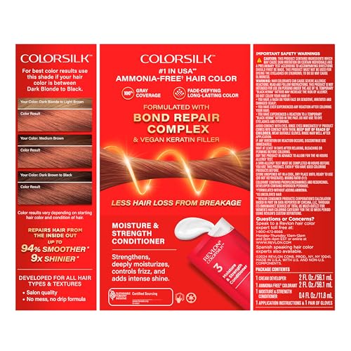 Revlon ColorSilk with Bond Repair Complex, Red Permanent Hair Color, 100% Gray Coverage, Ammonia Free Hair Dye, Vegan Keratin, 55 Light Reddish Brown (Pack of 3)