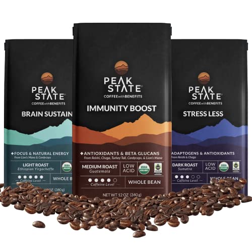 Peak State Coffee with Benefits, 3 Bag Variety Pack – Mushroom Coffee, Low Acid & Smooth, Immunity Boost, Brain Sustain & Stress Less, Organic Whole Bean Coffee, Gluten Free, 12 oz. Each