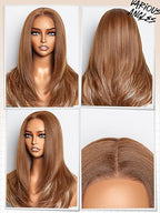 GORGIUS Ombre Brown Wig with Blonde Highlights Glueless Straight Wig Crafted With Style-Archive Technology: Premium Fiber & Remy Human Hair Blended with Natural Pre-Plucked Hairline