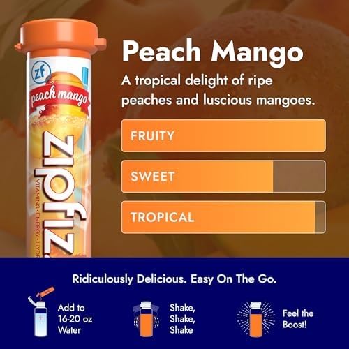 Zipfizz Energy Drink Powder, 20 Pack Electrolyte Mix with B12 - Peach Mango