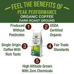 Peak Performance High Altitude Organic Coffee. Fair Trade, Low Acid, Non GMO, and Beans Full Of Antioxidants. Dark Roast Smooth Tasting USDA Certified Organic Ground Coffee Bag