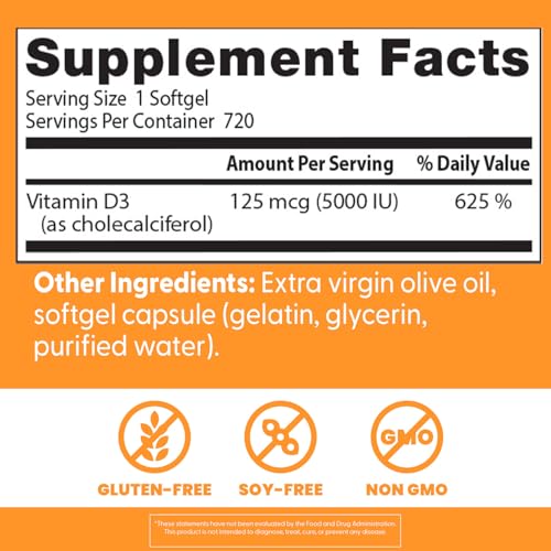 Doctor'S Best Vitamin D3, Capsule 5, 000 Iu for Healthy Bones, Teeth, Heart & Immune Support, Non-GMO, Gluten-Free, Soy Free, 720 Count (Pack of 1)