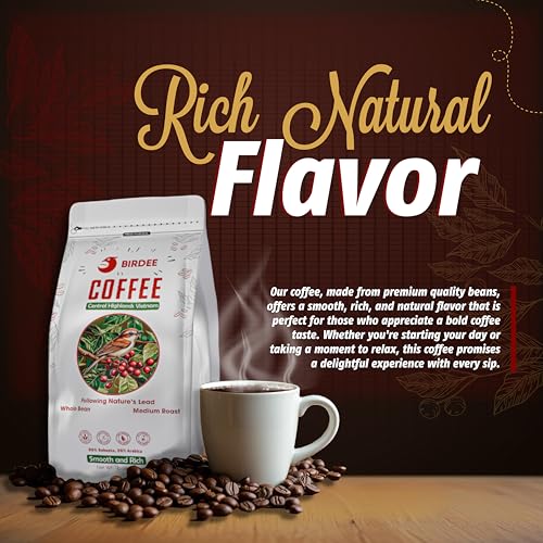 Birdee Vietnamese Coffee – 1 LB, Medium Roast Whole Bean, Arabica and Robusta, Hand-Picked, Resealable Bag, Smooth Flavor, Low Acid, High Caffeine, Single-Origin