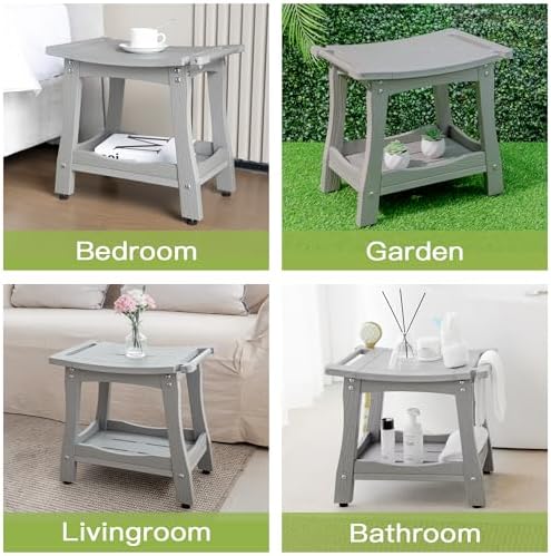 Y&M 2-Tier Bathroom Shower Bench with Waterproof Storage Shelf, HDPE Towel & Shower Head Shelves Curved Seat, Small Tub Chair for Shaving Legs Foot Stool, Bath, Spa, Indoor or Outdoor Use, Gray