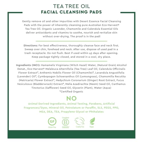 Desert Essence Tea Tree Oil Facial Cleansing Pads - Makeup Remover, Facial Cleanser & Toner with Organic Lavender & Chamomile - Travel-Friendly Personal Wipes for Clarifying Skin Care - 50 Pads