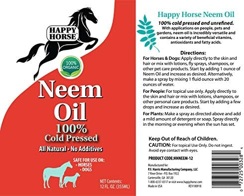 Happy Horse Neem Oil, 100% Cold Pressed and Unrefined, Cosmetic Grade, Add to Horse Fly Spray, 12oz