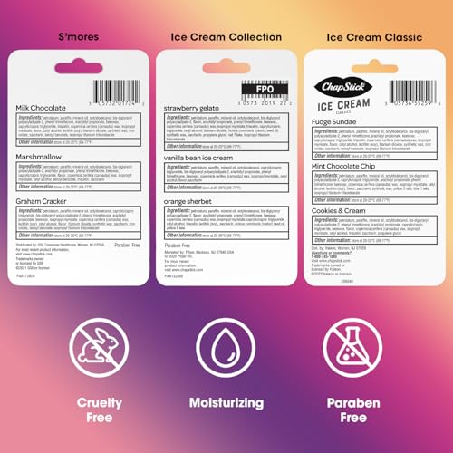 ChapStick Lip Balm, Ice Cream Collection 3-Pack, Ice Cream Classics 3-Pack + S’mores Collection – Fun & Flavorful Lip Care, Birthday Gift, Party Favors, Stocking Stuffers, 0.15 Oz Ea