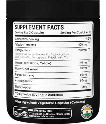 Zolotus 13in1 Tribulus Terrestris Capsules with Maca, Horny Goat Weed, Panax Ginseng, Saw Palmetto, Tongkat Ali, Shilajit & More - Energy, Stamina Supplement for Men & Women - 120 Counts