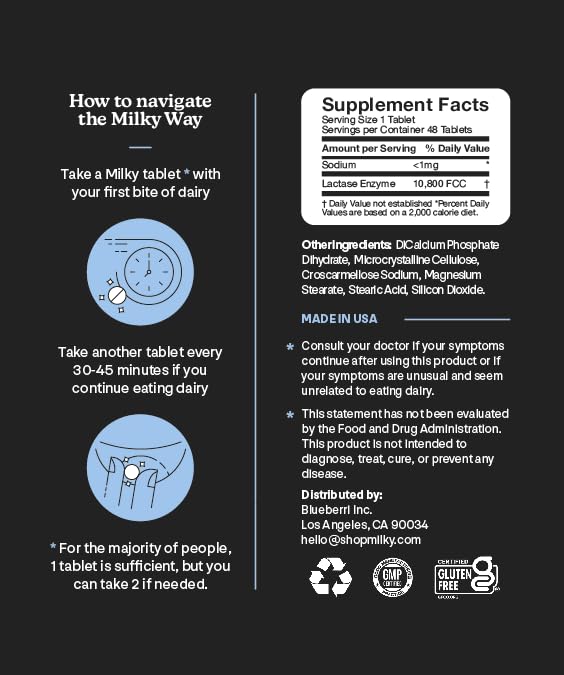 Milky Lactose Intolerance Pills - 10,800 FCC - Dairy Relief for Lactose Intolerance - Lactase Enzyme Tablets - Bloating & Gas Relief (48 Count Cosmic Black)