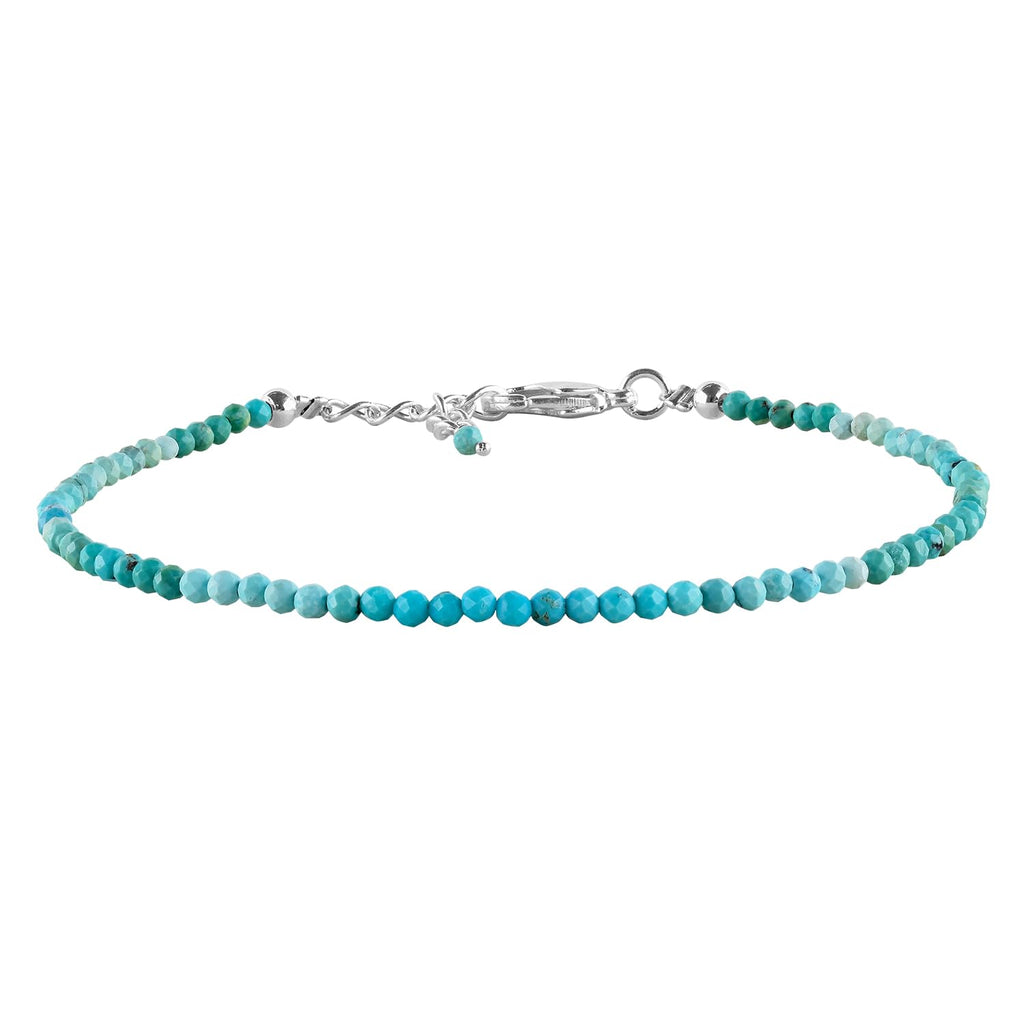 YANARA Real Turquoise Bracelet For Women Genuine Gemstone, Natural December Birthstone, Handmade Simple Bracelet, Gorgeous Micro Beads Chakra Jewelry, Crystals Silver Plated Chain 8 inch