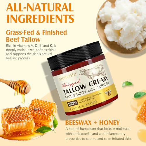 Beef Tallow for Skin, Beef Tallow for Face, Organic Beef Tallow Face Moisturizer, Natural Tallow and Honey Balm, Pure Beef Tallow Moisturizer Body, Grass Fed Beef Tallow, All Skin Types 4.2 Oz