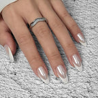 BTArtbox Press On Nails Almond - Chrome French Tip Press on Nails, White Glue On Nails for Gifts, Natural Reusable Glazed Stick On Nails in 15 Sizes - 30 Fake Nails Kit, White Swan
