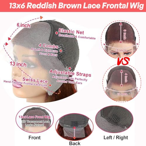 Reddish Brown Lace Front Wigs Human Hair Pre Plucked 13X6 Body Wave Lace Front Wigs Human Hair with Baby Hair Colored Red HD Lace Frontal Wigs 180% Density Human Hair Wigs For Women 32 Inch
