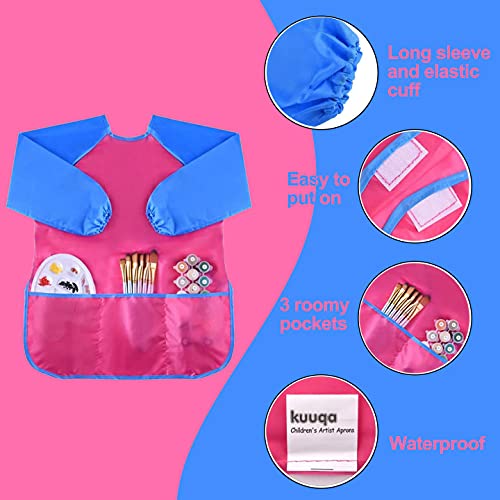 GODR7OY Kids Art Smocks, Painting Apron Artist Smock with Sleeve and 3 Pockets 2 Pack Black/White Set (pink 6-9years)