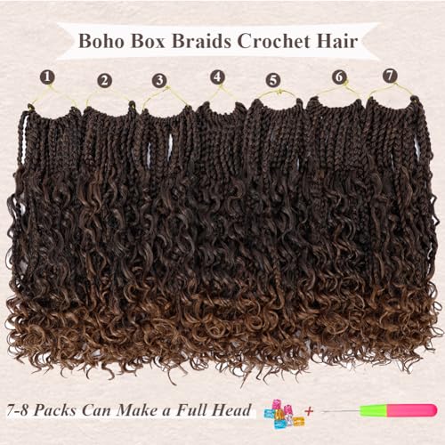 Goddess Box Braids Crochet Hair 10 Inch Bohemian Box Braids Crochet Hair with Curly Ends Boho 3X Synthetic Crochet Braiding Hair for Women (7 pack, 1b/30#)