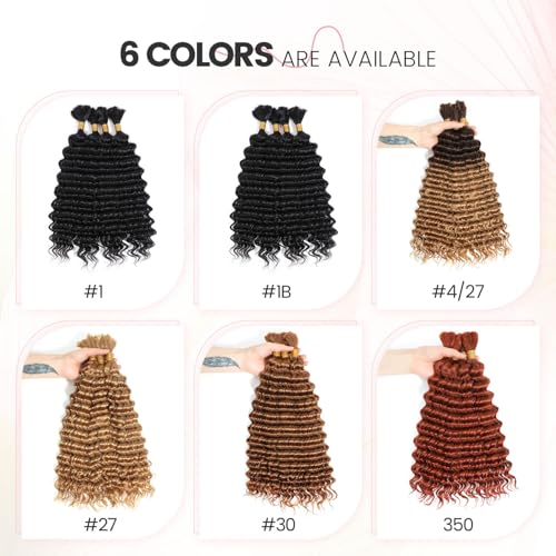 Urbeauty Human Braiding Hair #27 Color, Deep Wave Bulk Human Hair for Micro Braiding No Weft, Curly Human Hair for Boho Braids, Knotless/Goddess/Bohemian/Gypsy/18/20 Inch 100gram