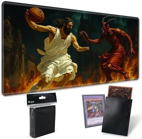 Playmats for Magic: The Gathering MTG Card Game Mat Plus 50 Pcs Card Sleeves, 24" x 14" TCG Mat with Stitched Edge for Commander Deck Duskmourn Board Game, Jesus Play Basketball with The Devil