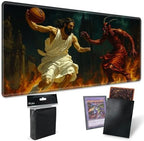 Playmats for Magic: The Gathering MTG Card Game Mat Plus 50 Pcs Card Sleeves, 24" x 14" TCG Mat with Stitched Edge for Commander Deck Duskmourn Board Game, Jesus Play Basketball with The Devil