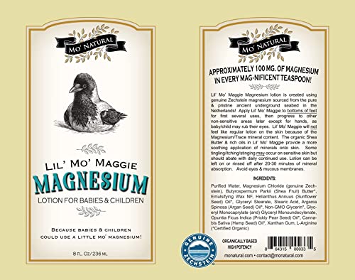 Mo' Natural Lil' Mo’ Maggie Transdermal Magnesium Lotion for Kids | Zechstein Magnesium | Organic Opulent Oils & Shea Butter 8 fl oz