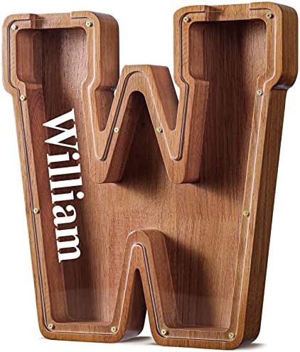 Summidate Customized Name Extra Large Wooden Piggy Bank for Kids Boys Girls Alphabets Letter A-Z Coins Bills Money Change Saving Box Clear Cover (Laser Engraved) Educational Toys 12"- Letter W
