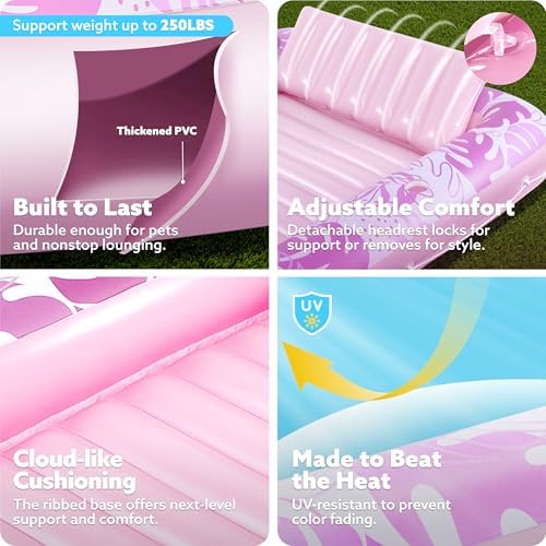 SLOOSH Inflatable Tanning Pool Lounger Float,70" x 46" Pool Floats Adult with Pillow,4 in 1 Suntan Tub Raft Floatie,Sunbathing Bed Lounge for Water Blow Up Kids Ball Pit Party Gifts,L-Blushing Pink