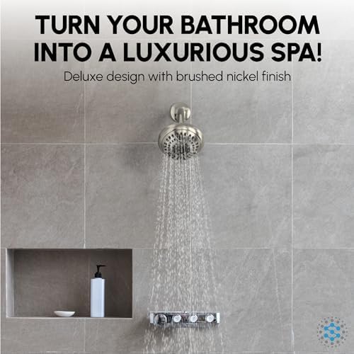Luxury Spa Series , 6 Spray Setting, 4.5 Inch Adjustable High Pressure Shower Head Fixture for Hard Water, 360-Degree Tilt Massage Shower System - Brushed Nickel