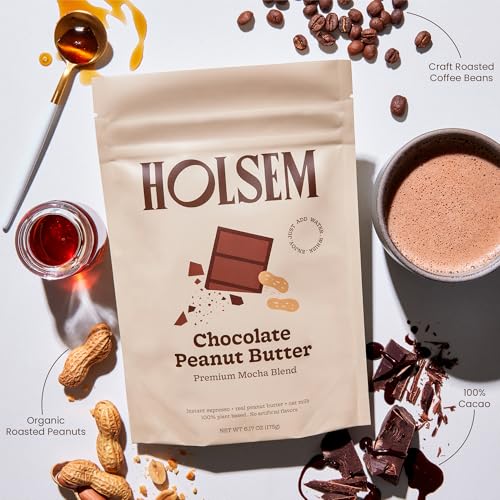 Chocolate Peanut Butter Instant Oat Milk Latte by Holsem Coffee, Organic Ingredients, Premium Coffee, Non-GMO, Vegan, Gluten Free, 5 Servings